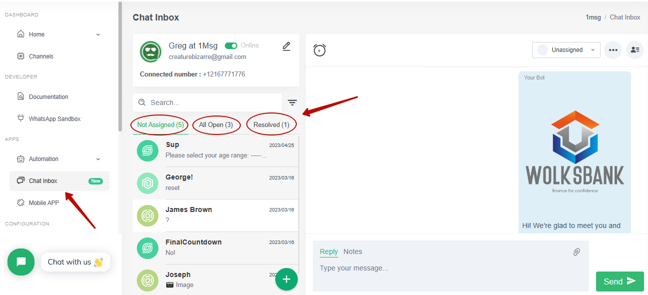 Allocating dialogs to tabs in 1msg.io chat