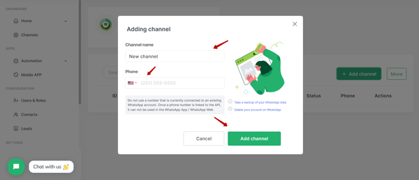 Open a new WABA channel and connect a number