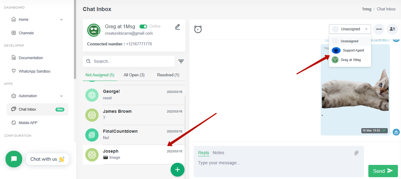 Assign the person responsible in 1 msg.io inbox chat